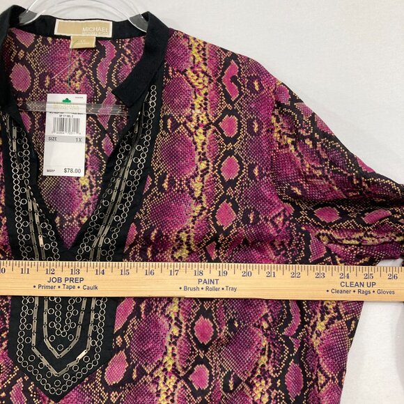New Michael Michael Kors size 1X Purple Black Split Neck Reptile Print Boho Top - Picture 8 of 11
